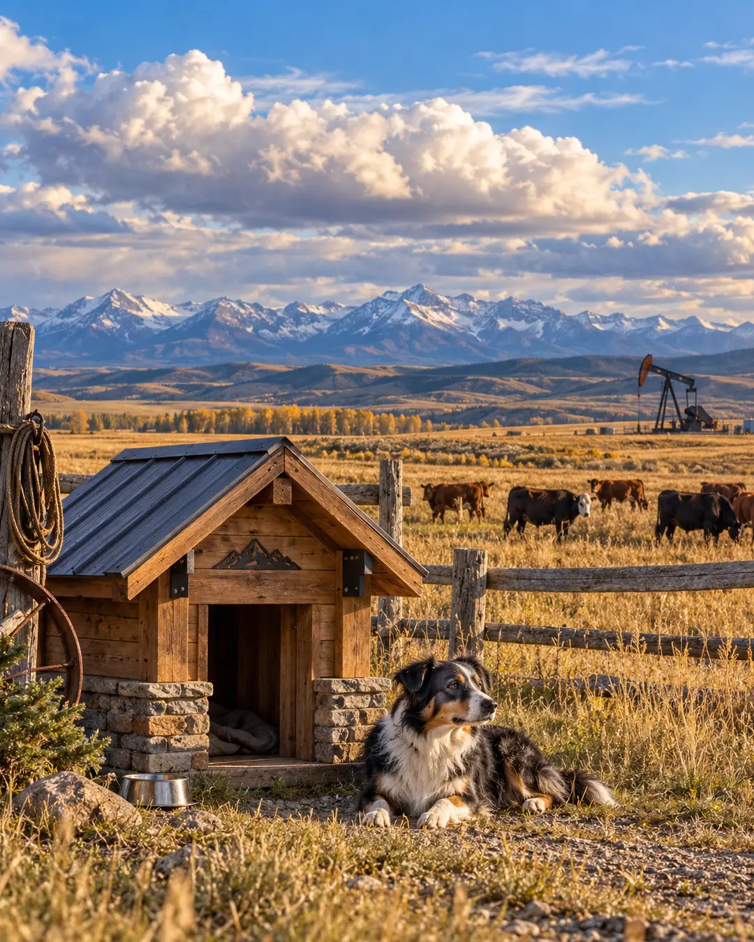 A rustic dog house and Border Collie sit on an Alberta ranch, with grazing cattle, an oil pumpjack and the Rockies stretching across the horizon.
