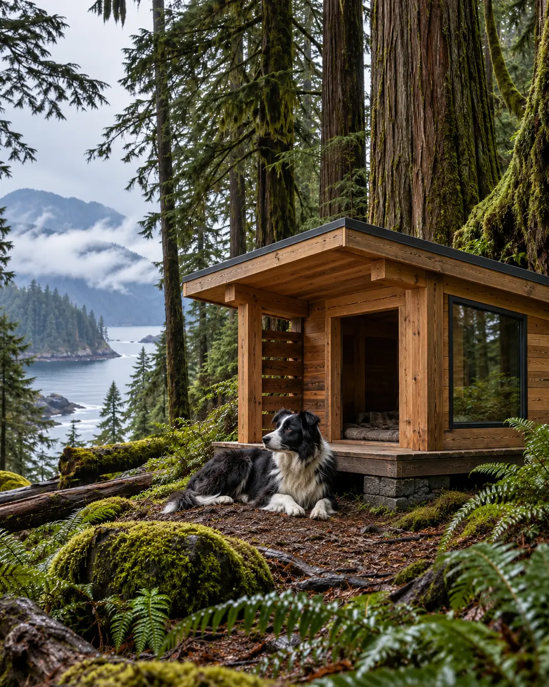 A cedar dog house and Border Collie sit among mossy ferns and towering rainforest trees overlooking British Columbia’s misty coast.