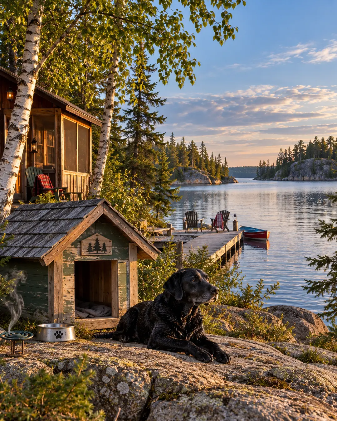 A black Lab rests beside a rustic dog house at a Manitoba lakeside cottage, with rocky shores, a dock, canoe and forest beyond.