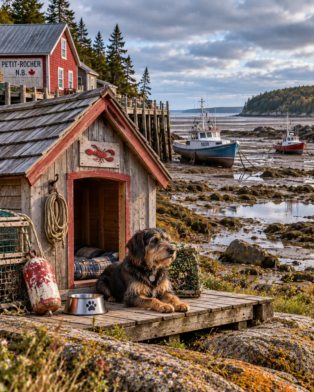 A maritime dog house sits on New Brunswick’s rocky coast, surrounded by lobster traps and fishing boats resting in the harbour at low tide.