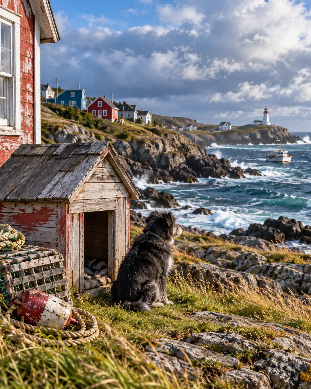 A dog sits beside a weathered Newfoundland dog house overlooking a rugged Atlantic coast, colourful fishing homes, lighthouse and rough seas.