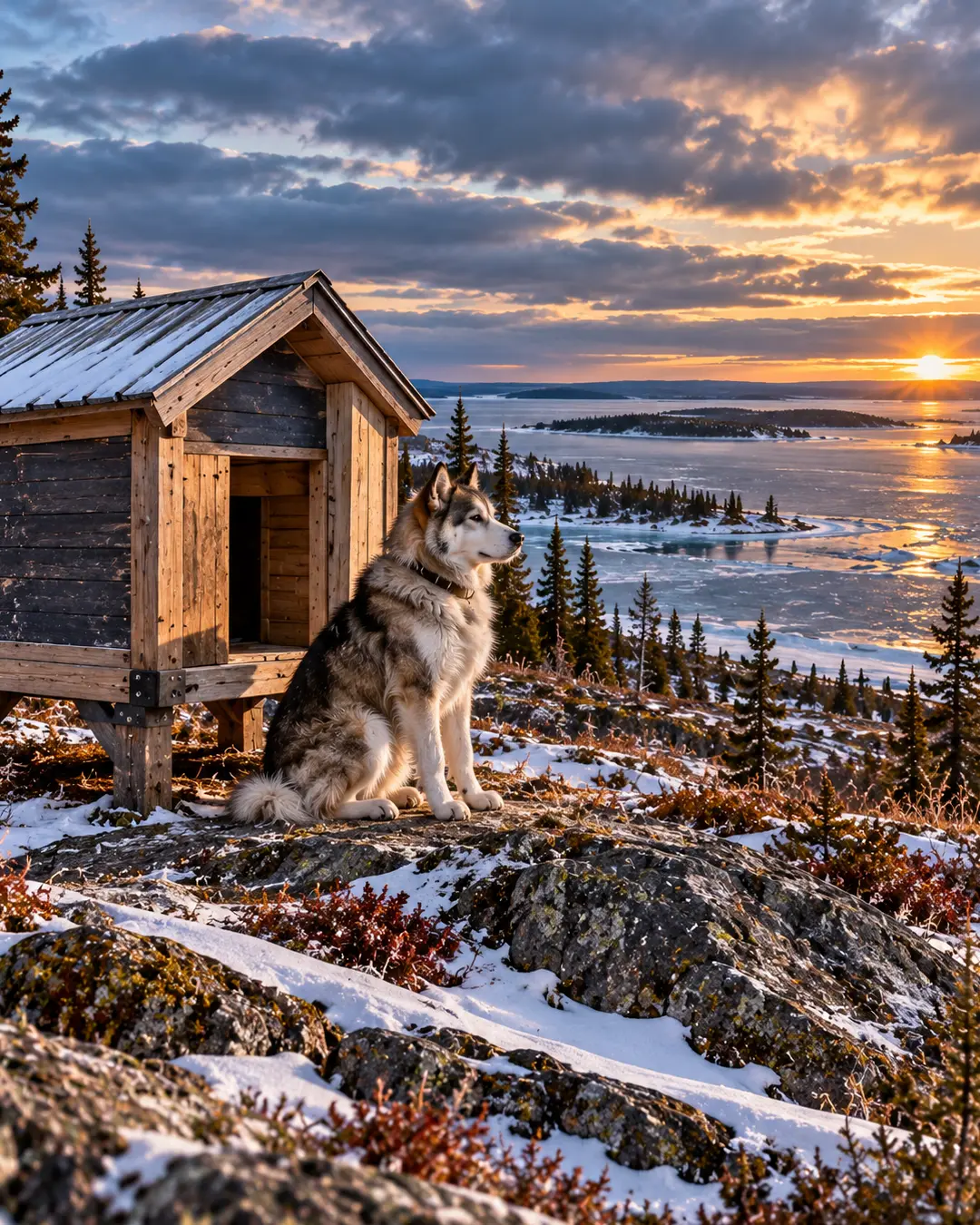 A Husky sits beside a rugged Northwest Territories dog house overlooking a frozen northern lake and snow-covered wilderness at sunset.