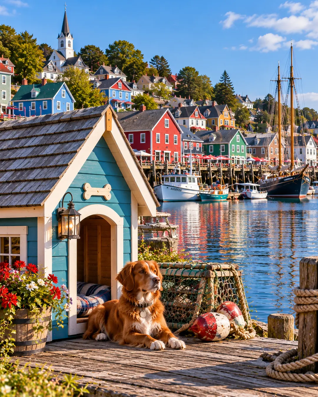 A colourful Lunenburg-inspired dog house sits on a Nova Scotia wharf, with fishing boats and the town’s bright hillside homes beyond.