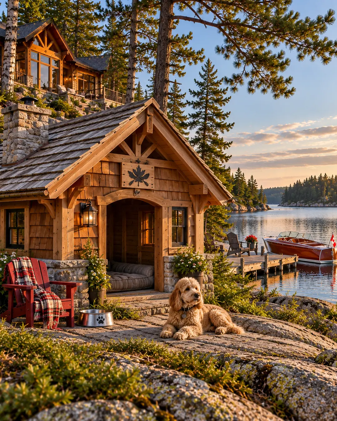 A luxurious Muskoka-style dog house sits on an Ontario lakeshore, complete with timber details, granite, Muskoka chair and a classic boat.