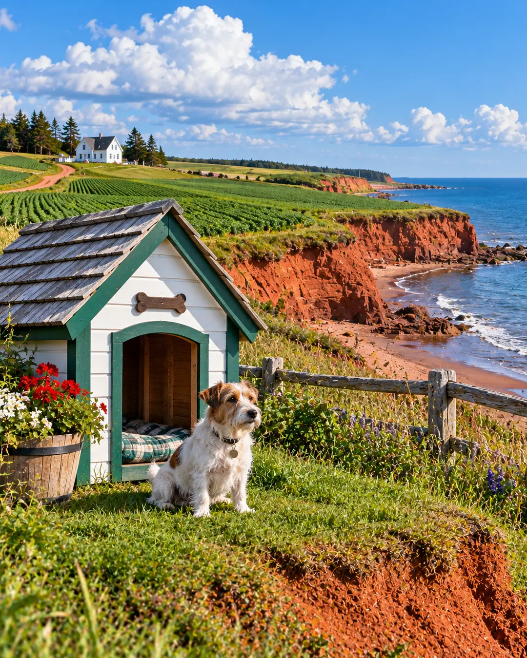 A dog sits beside a coastal dog house overlooking Prince Edward Island’s iconic red cliffs, green farmland and blue Atlantic waters.
