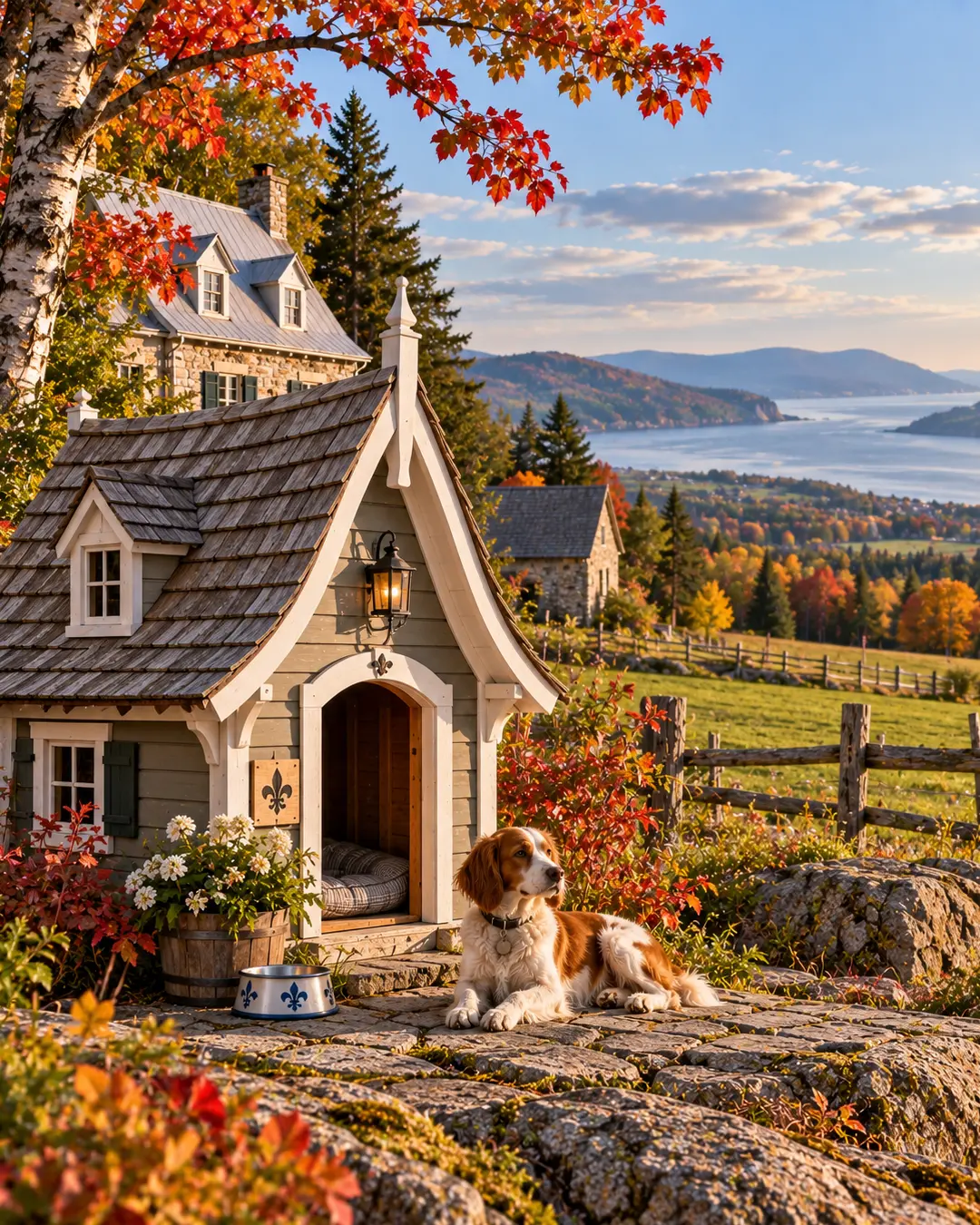 A charming Quebec-inspired dog house overlooks the St. Lawrence River amid brilliant autumn leaves, stone cottages and rolling countryside.