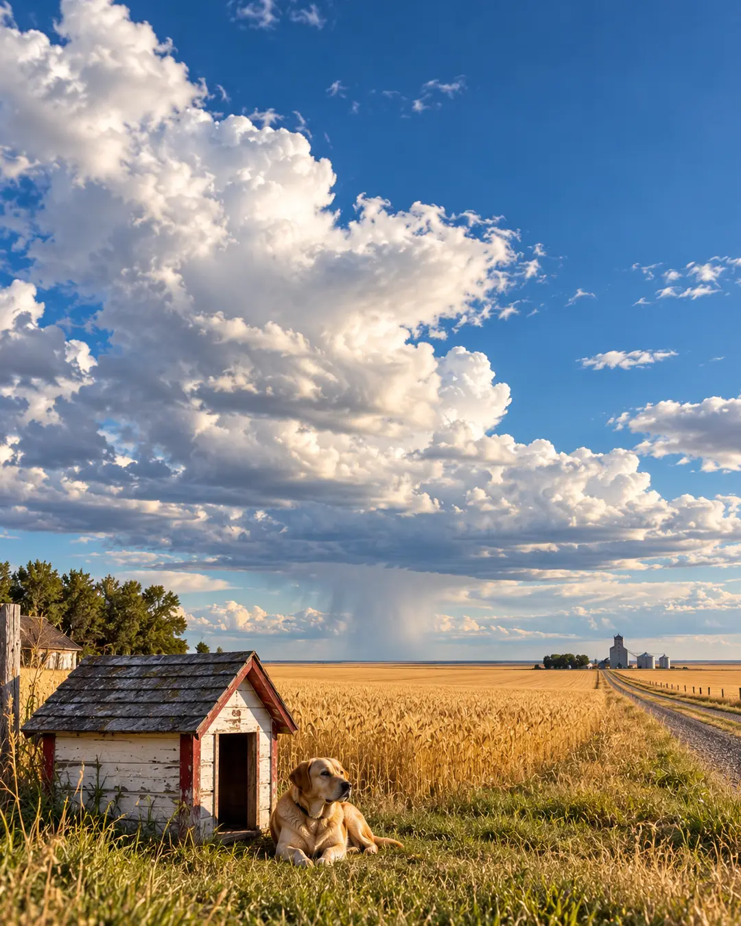 A Labrador rests beside a weathered dog house overlooking Saskatchewan wheat fields, a distant grain elevator and a dramatic prairie sky.