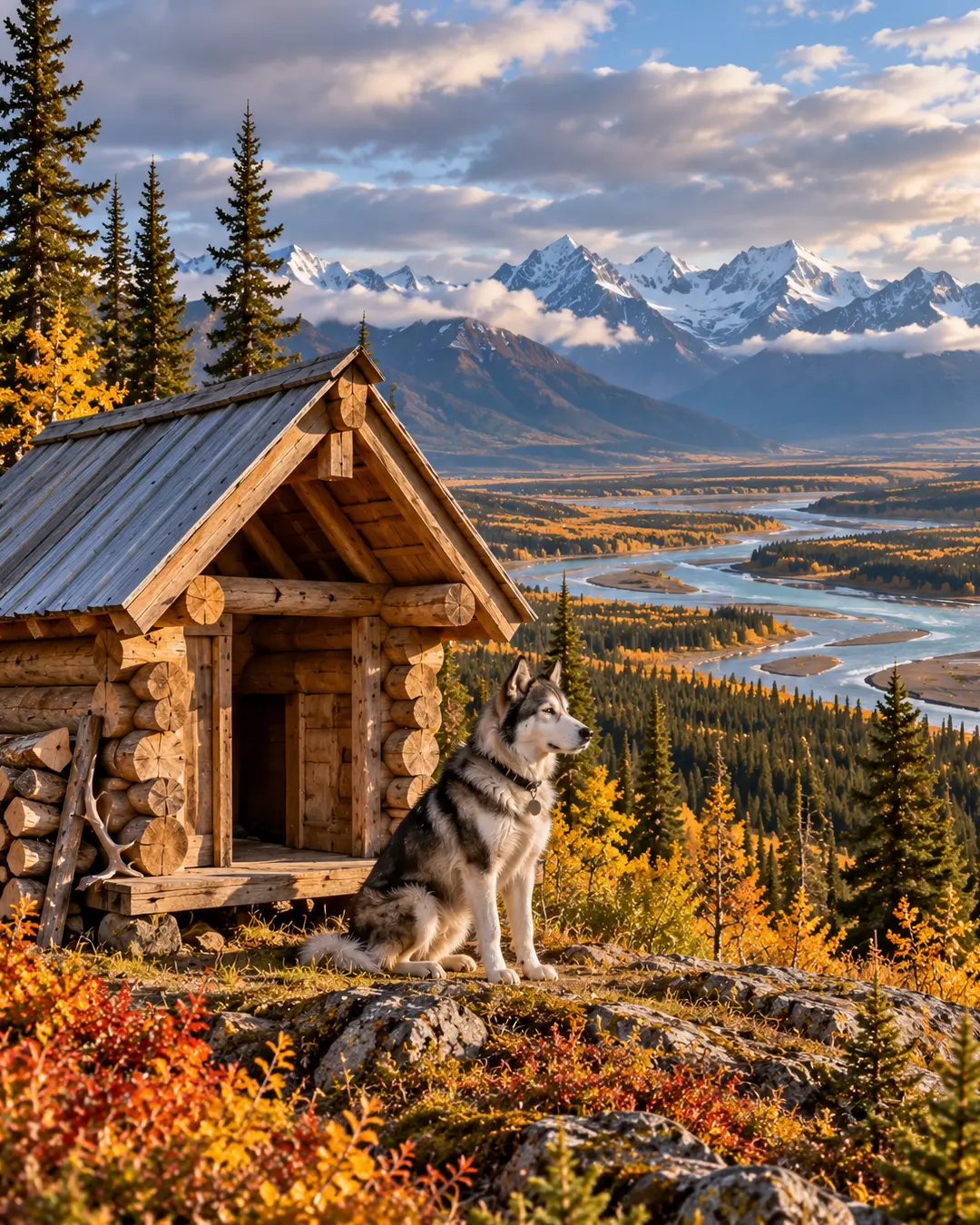 A Husky sits beside a log dog house overlooking a vast Yukon valley, winding river, autumn forest and dramatic snowcapped mountains.