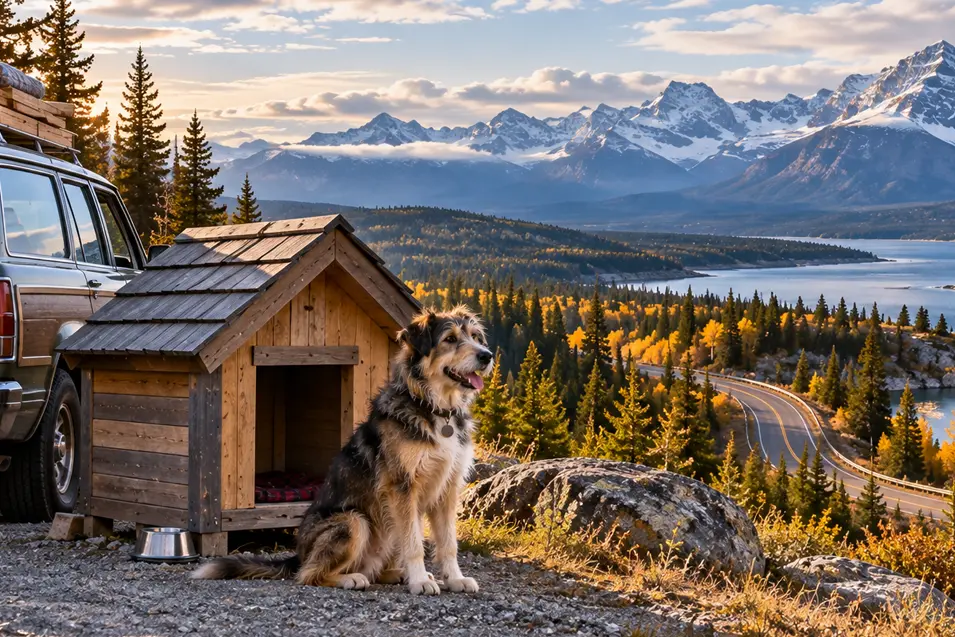 A dog sits beside a rustic roadside dog house overlooking a spectacular northern Canadian lake, winding highway and snowcapped mountains.