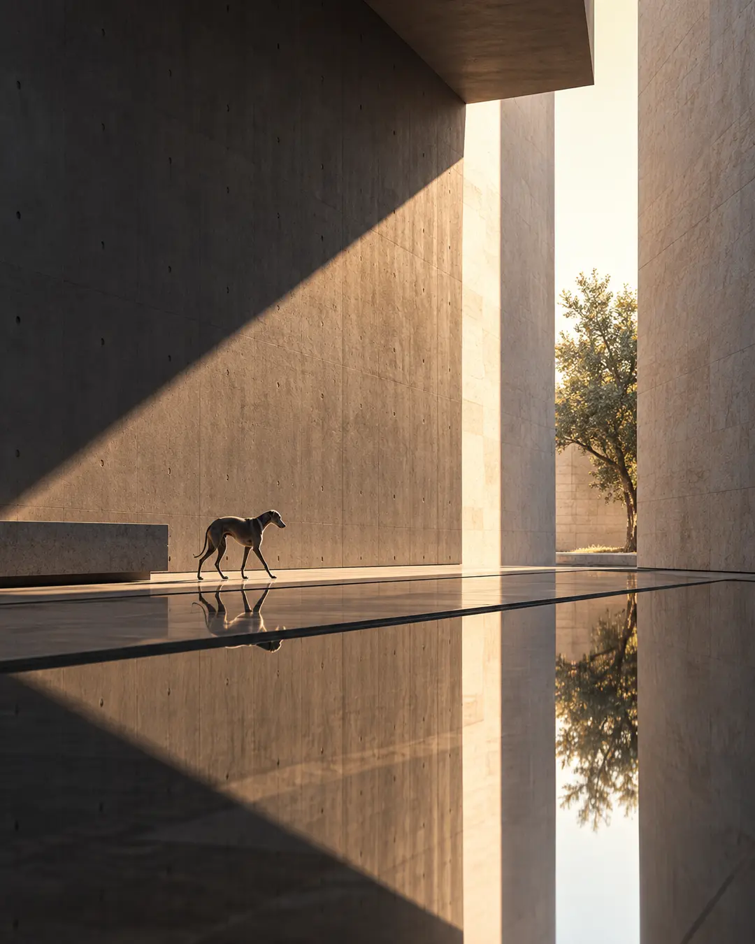 A lone Greyhound crosses monumental modern architecture, dwarfed by towering walls, dramatic sunlight and mirror-like reflections.