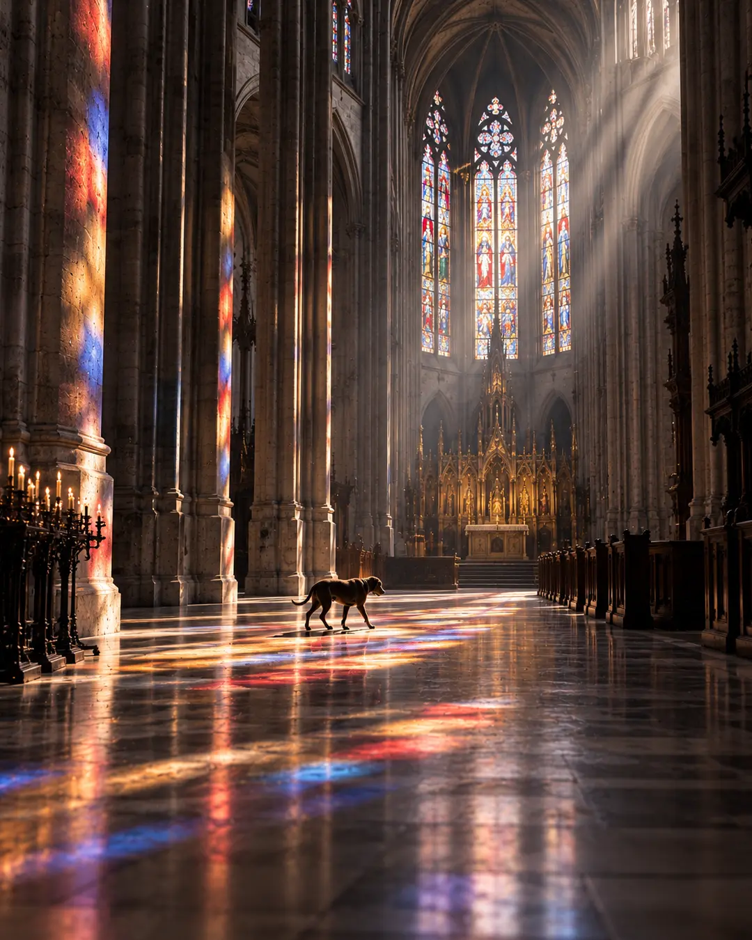 A lone dog crosses a vast Gothic cathedral as brilliant stained-glass light spills across the polished stone floor.