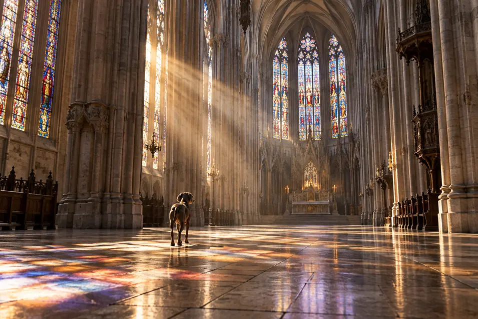 A lone dog crosses a vast Gothic cathedral as sunlight streams through stained glass, casting brilliant pools of colour across the stone floor.