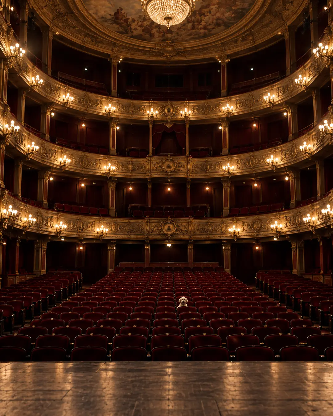 A lone dog sits among hundreds of empty red seats in a magnificent historic theatre, surrounded by ornate balconies and glowing chandeliers.
