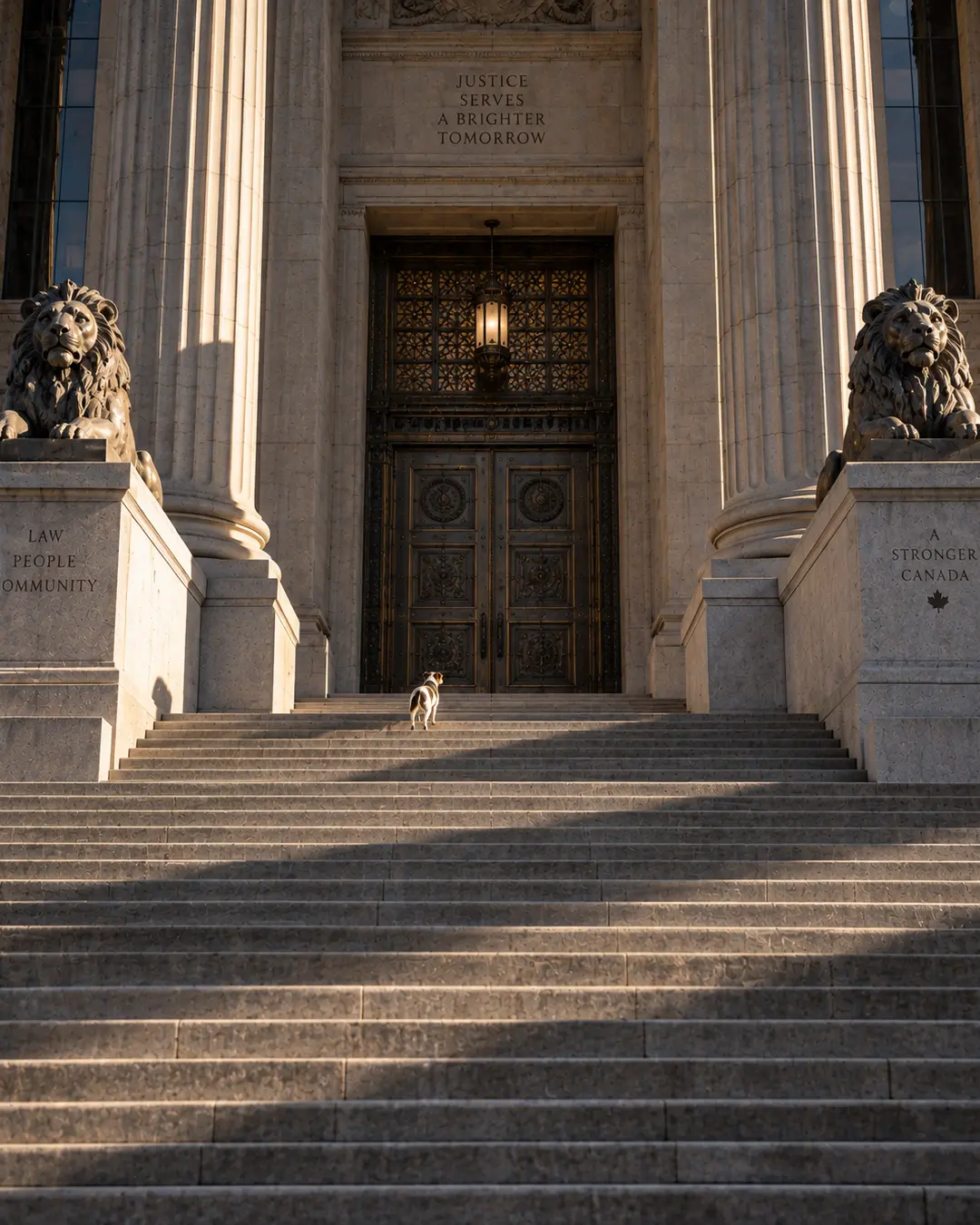A lone dog stands atop a monumental courthouse staircase, dwarfed by towering columns, bronze doors and imposing stone architecture.