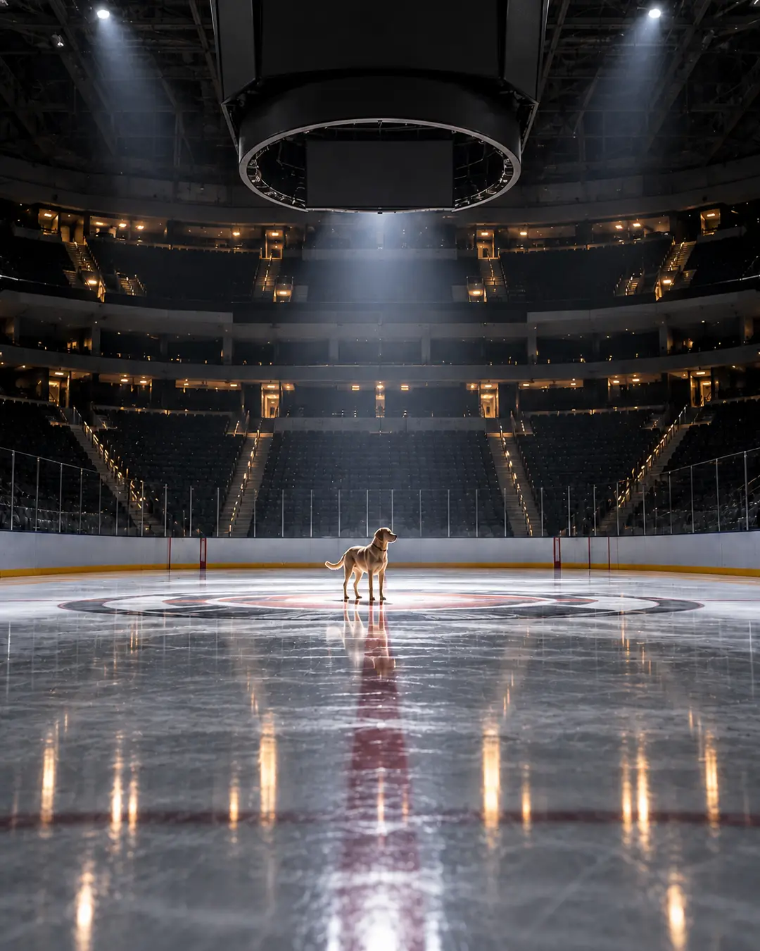 A lone dog stands at centre ice in an empty arena, dwarfed by thousands of seats, towering screens and dramatic overhead spotlights.