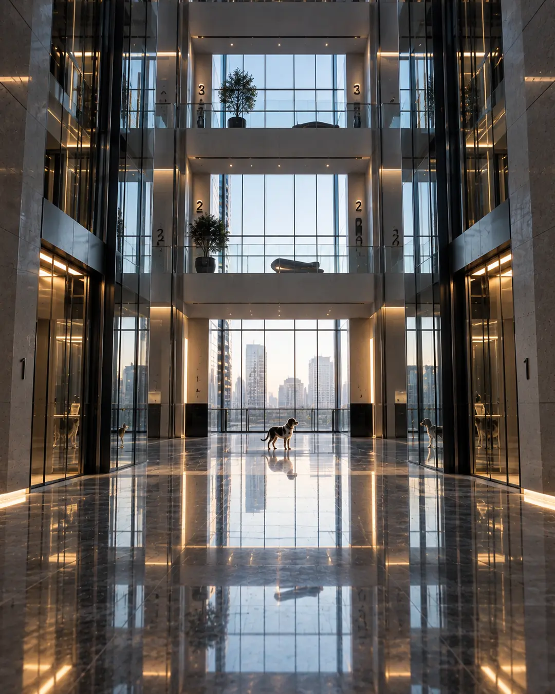 A lone dog stands in a soaring modern elevator lobby, dwarfed by glass, marble, reflections and the surrounding city architecture.