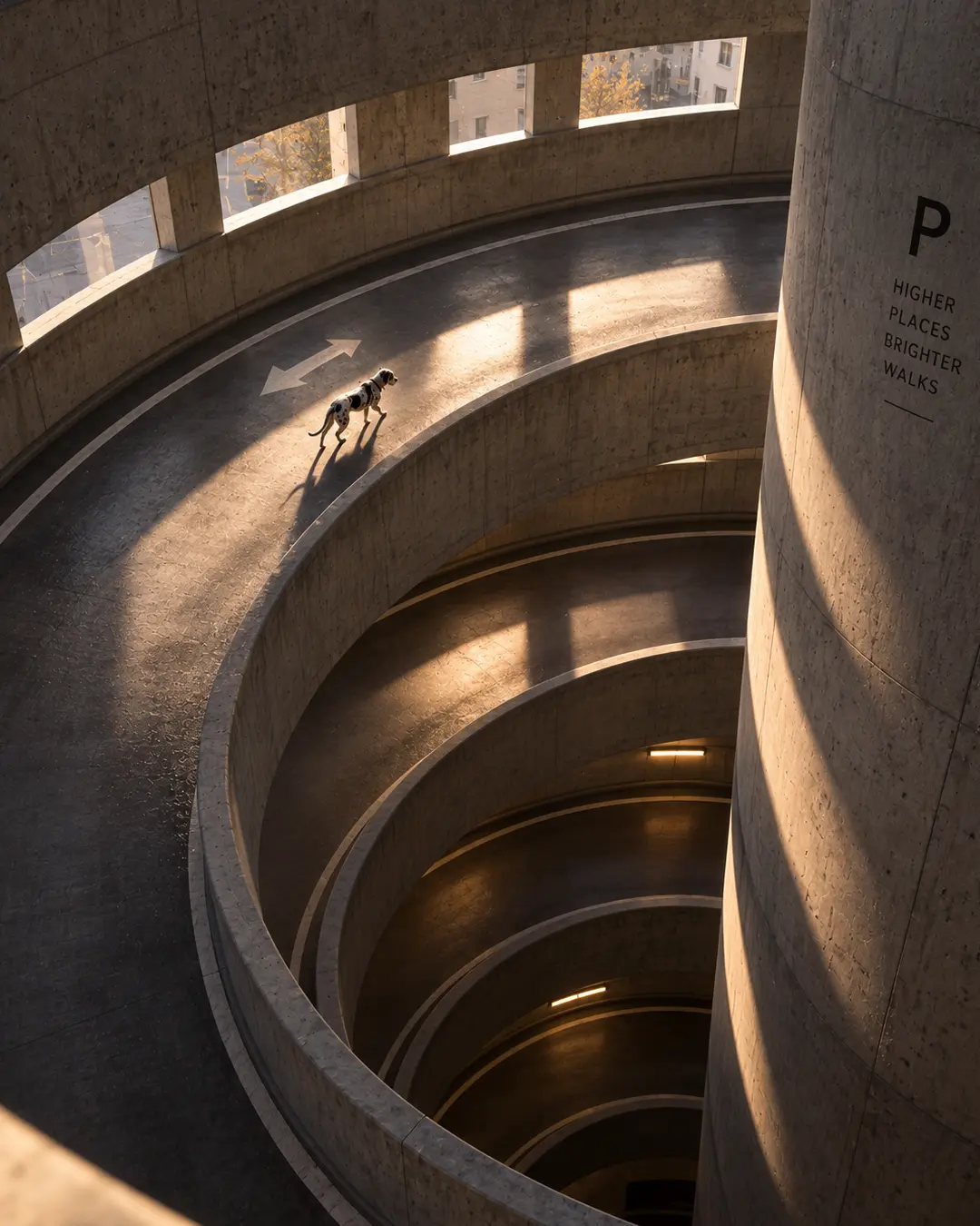 A lone dog climbs a vast spiral parking ramp, dwarfed by sweeping concrete curves and dramatic shafts of sunlight.