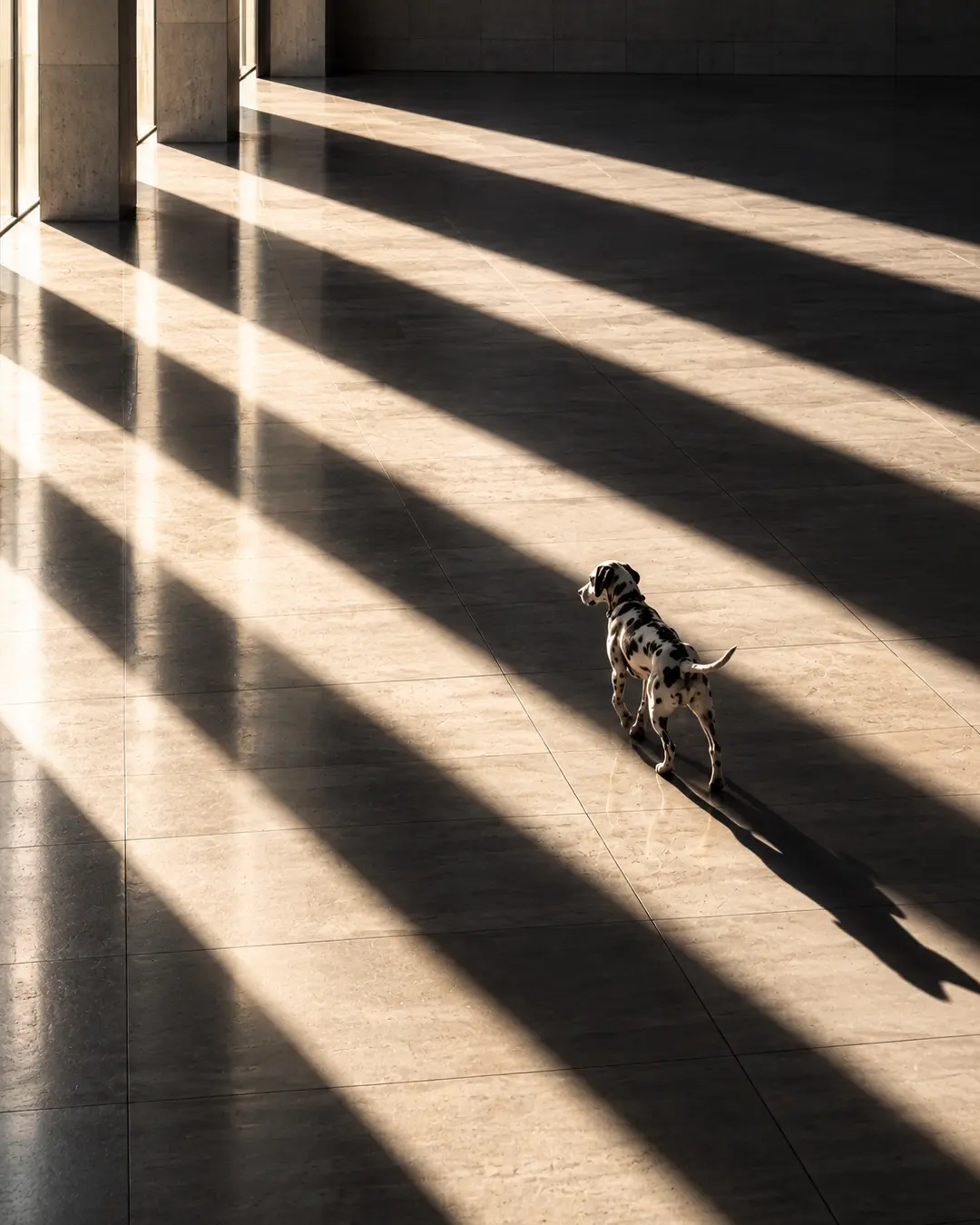 A lone Dalmatian crosses a vast modern interior as dramatic bands of sunlight and shadow stretch across the polished floor.
