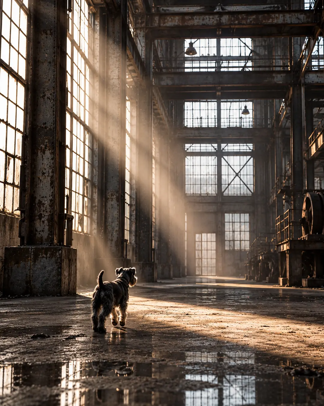 A small dog explores a vast abandoned industrial building as dramatic sunlight streams through towering factory windows.