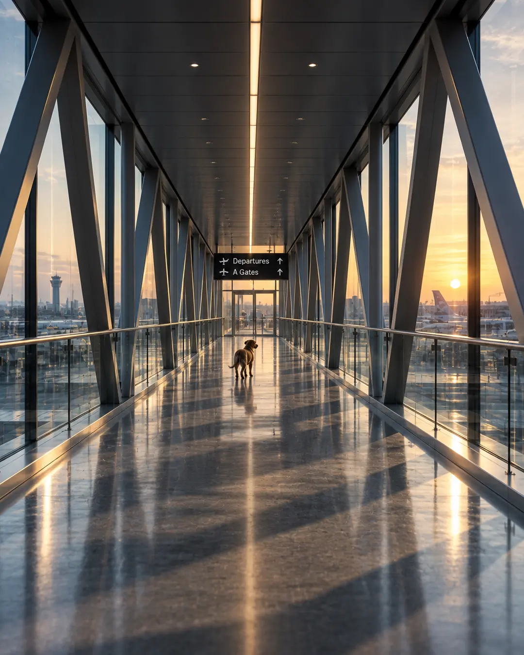 A lone dog stands in a vast glass airport skybridge at sunset, surrounded by dramatic symmetry, reflections and golden light.
