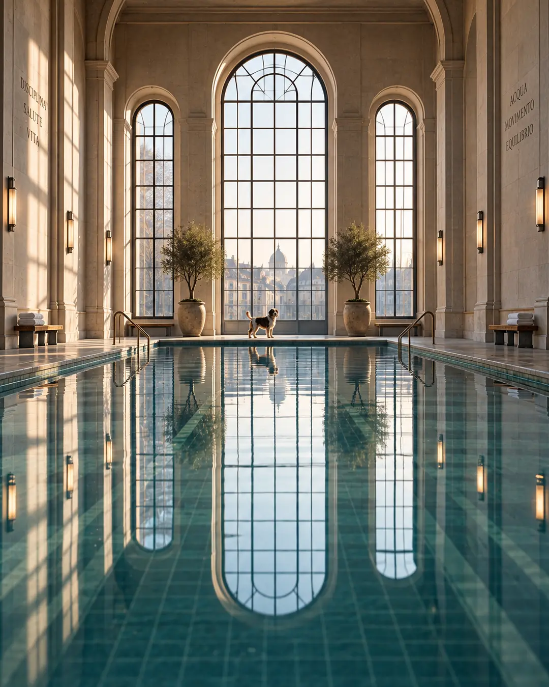 A lone dog stands beside a grand indoor pool, framed by soaring arched windows and their near-perfect reflections in the still water.