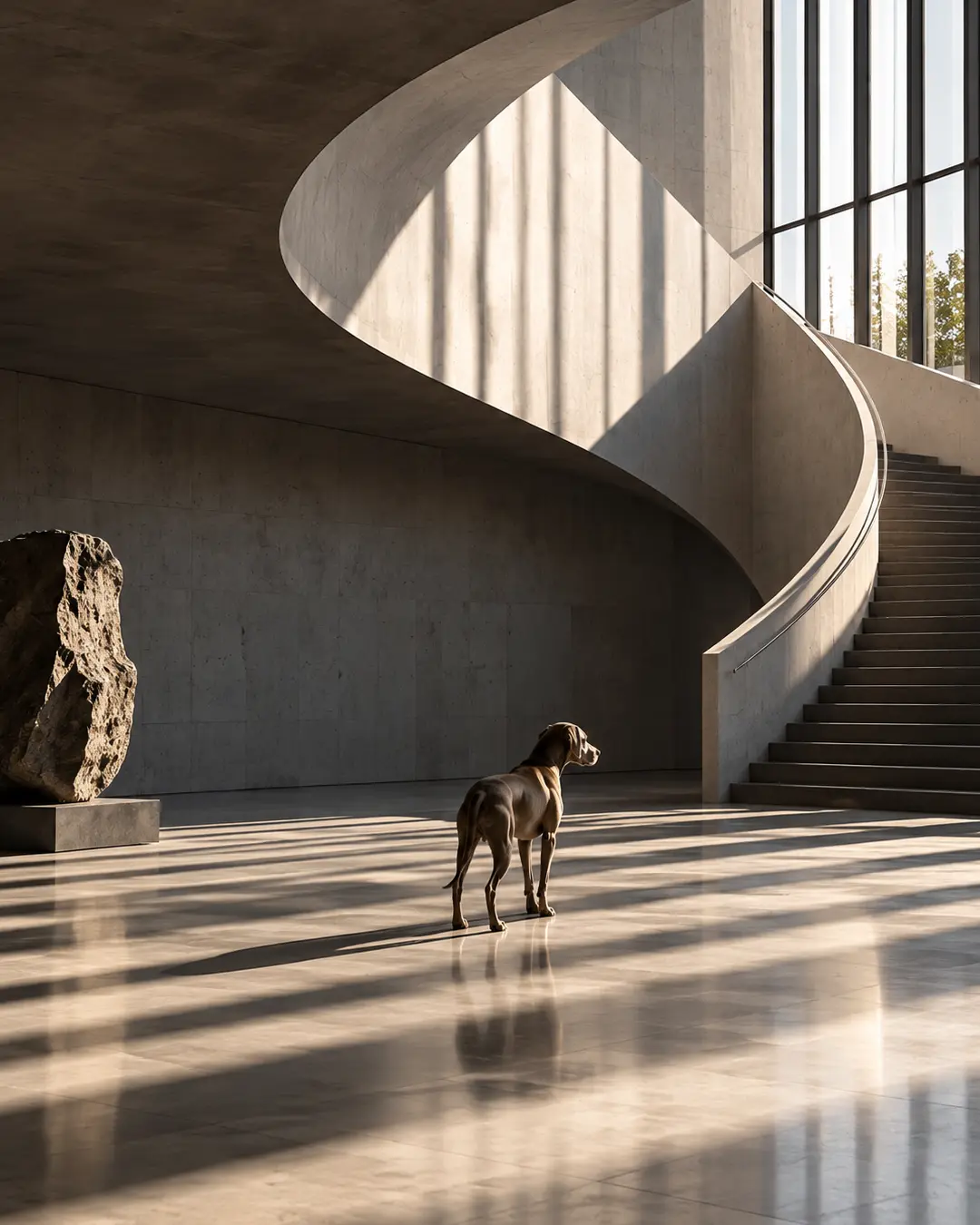 A lone dog stands beneath a sweeping sculptural staircase, surrounded by monumental concrete architecture, shadows and dramatic sunlight.