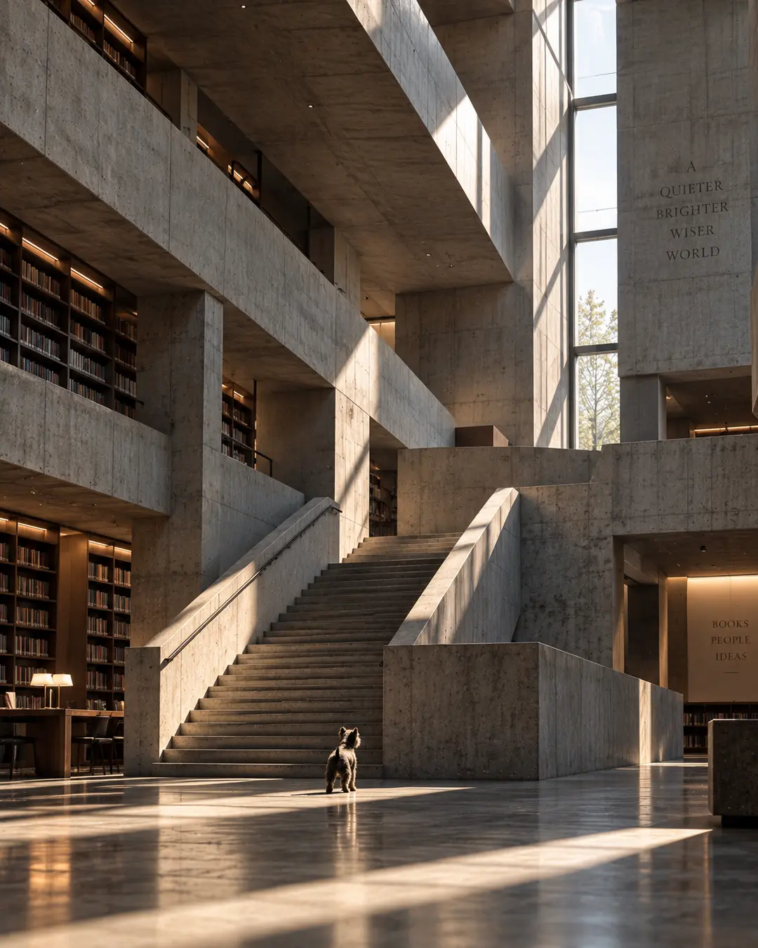 A small dog stands beneath a monumental staircase in a vast modern library, surrounded by soaring concrete architecture and dramatic sunlight.