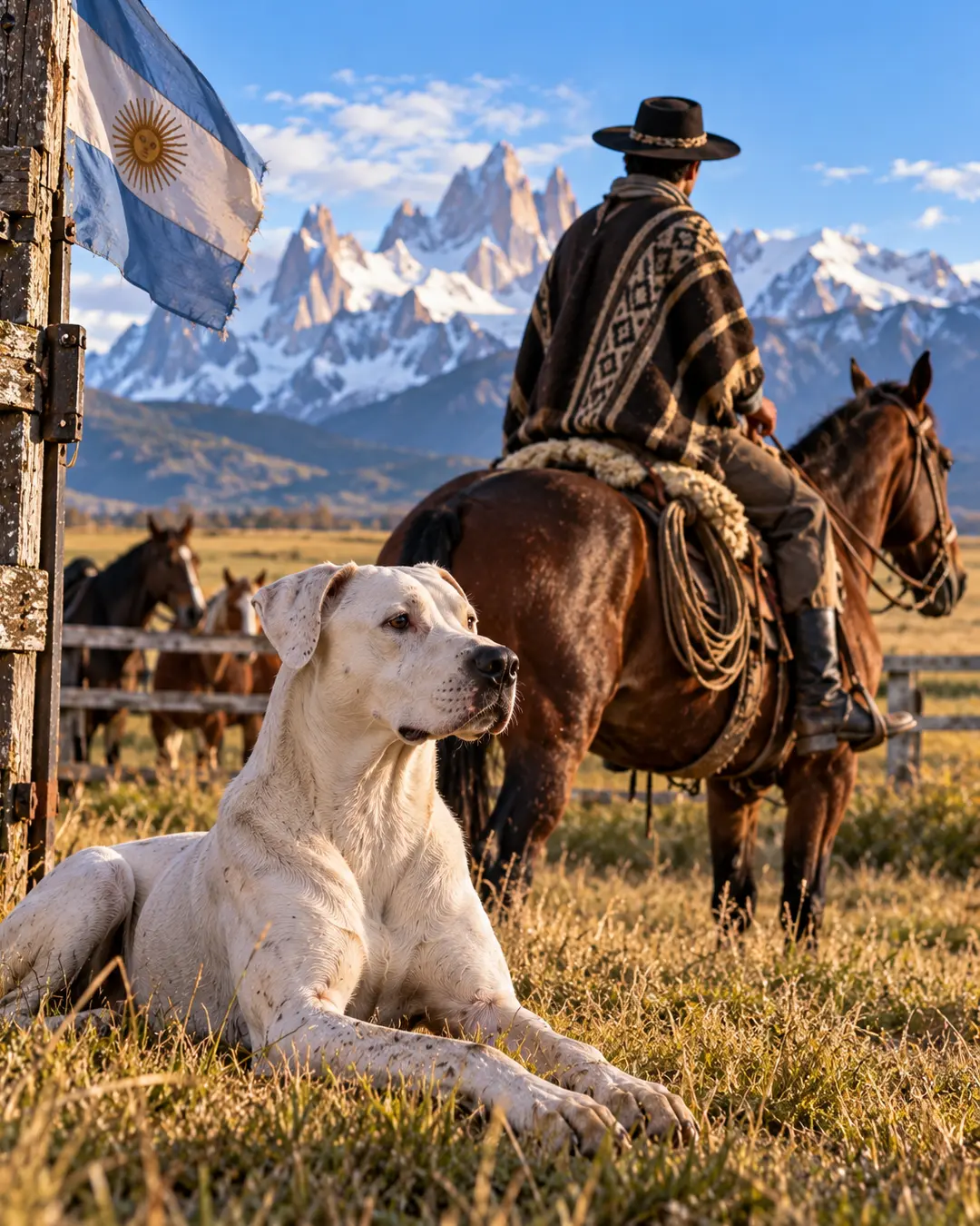 A Dogo Argentino rests on an Argentine ranch as a gaucho rides nearby, with the national flag and dramatic Patagonian mountains behind them.