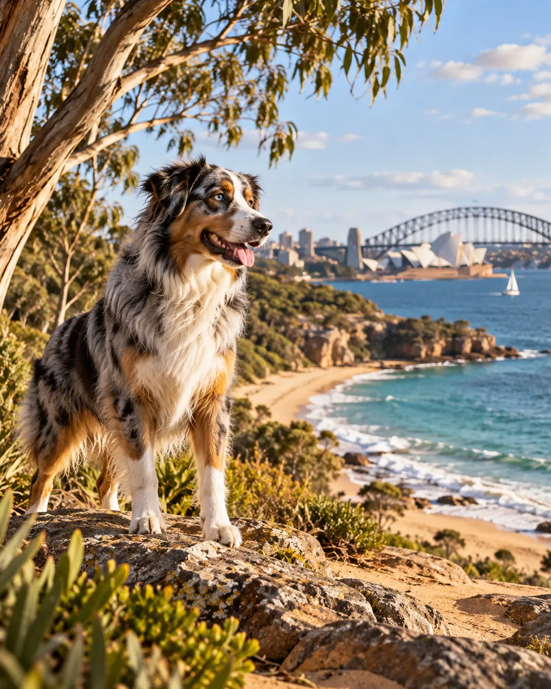 An Australian Shepherd stands above Sydney Harbour, with the Opera House, Harbour Bridge, sandy coastline and blue water behind it.