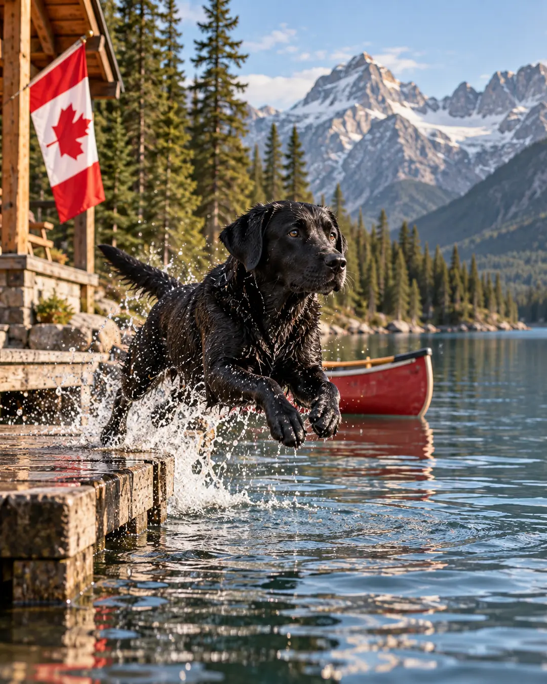 A Labrador Retriever leaps into a pristine Canadian mountain lake beside a red canoe, with a rustic cabin and Canadian flag behind it.