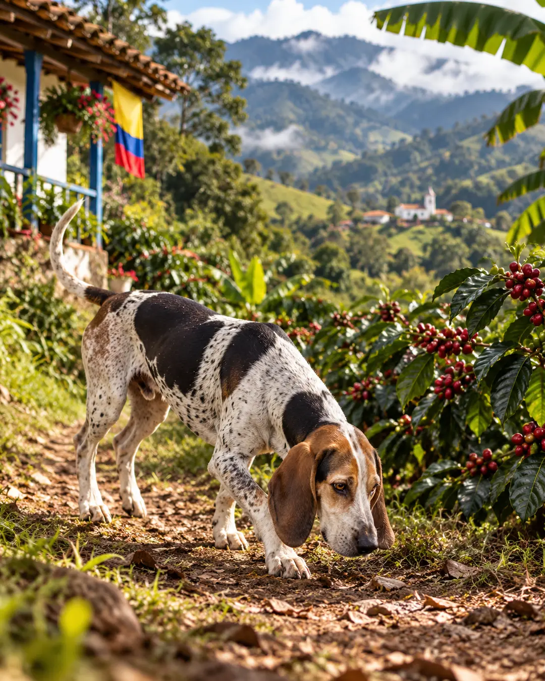A Colombian Fino Hound follows a scent through a lush coffee plantation, with ripe coffee cherries, mountains and the Colombian flag behind it.