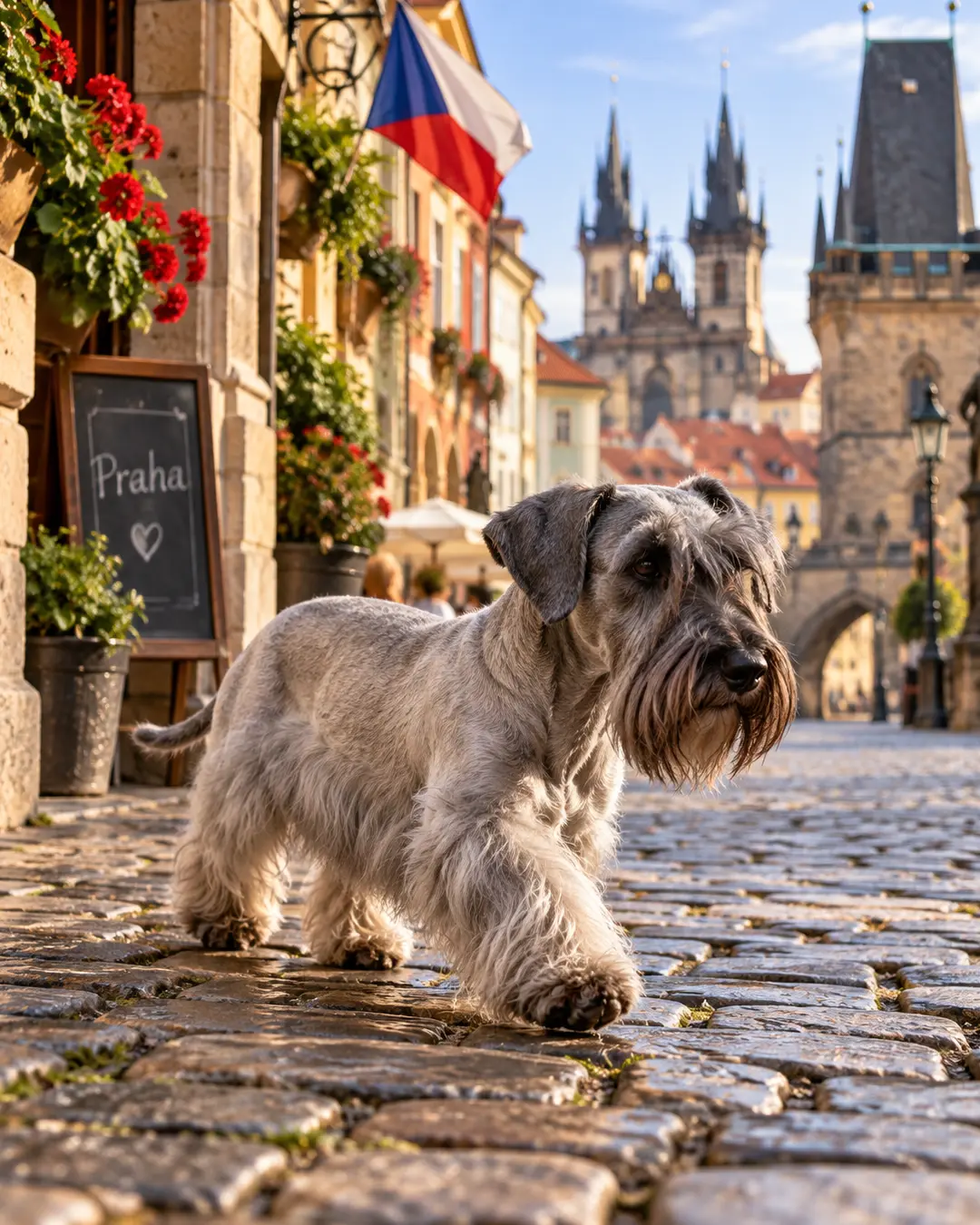 A Cesky Terrier walks a cobblestone street in Prague, with the Czech flag and the city’s historic Gothic architecture behind him.