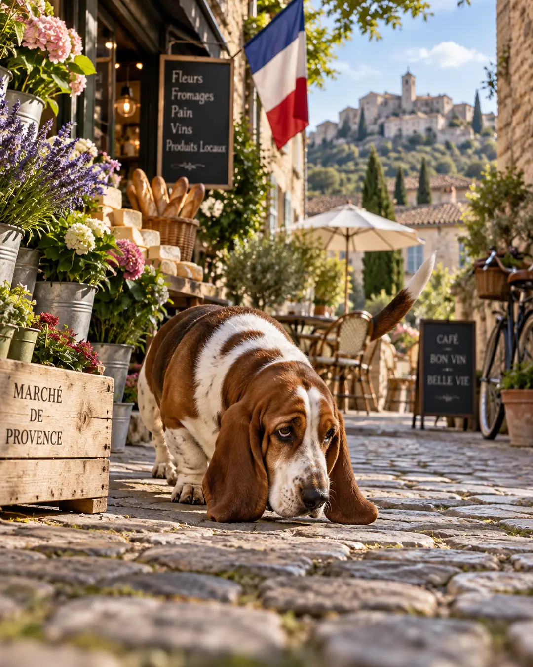 A Basset Hound follows a scent through a charming French village, surrounded by flowers, café tables and a hilltop town in Provence.