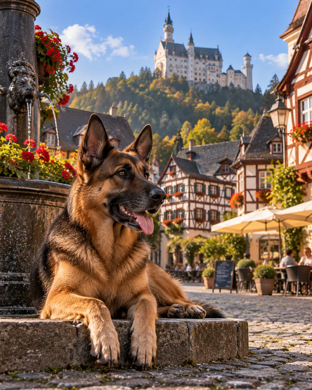 A German Shepherd relaxes beside a village fountain, with half-timbered houses and a dramatic hilltop castle rising behind it.