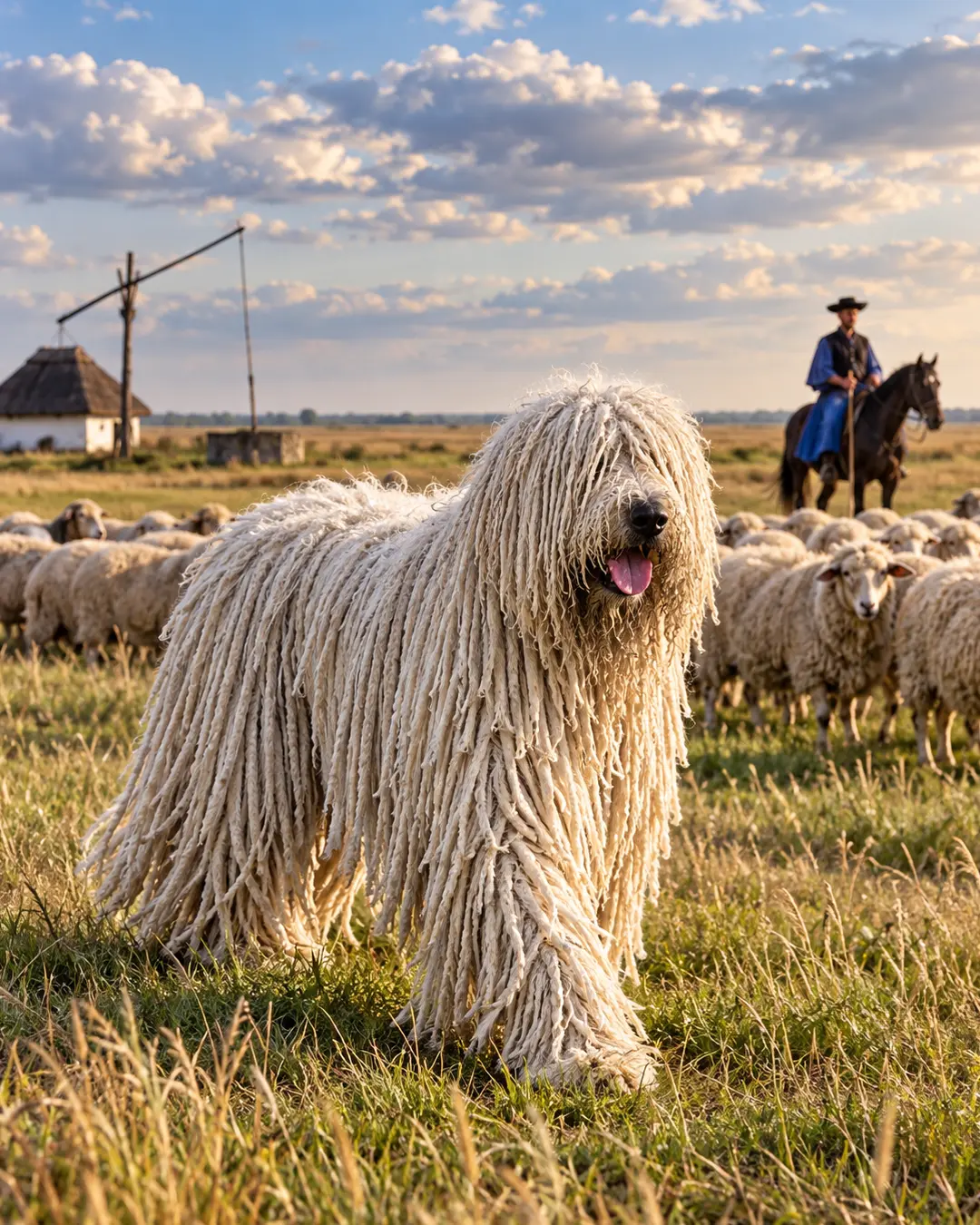A Komondor guards a flock of sheep on the Hungarian plains, its distinctive corded coat echoing the woolly flock behind it.
