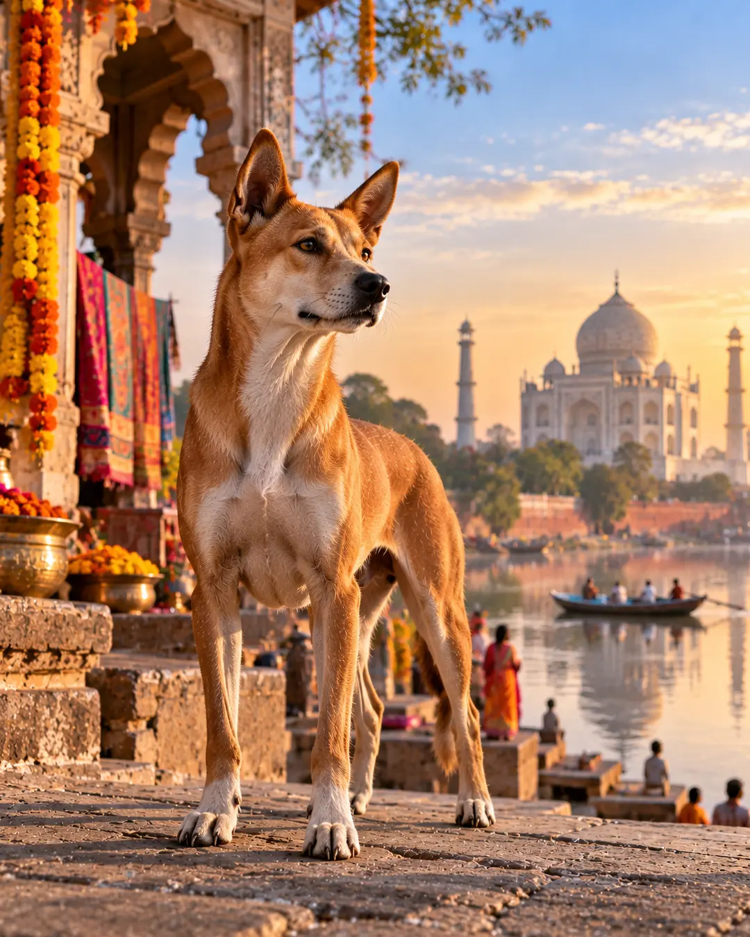 An Indian pariah dog stands beside a river at sunrise, surrounded by colourful garlands and architecture, with the Taj Mahal in the distance.
