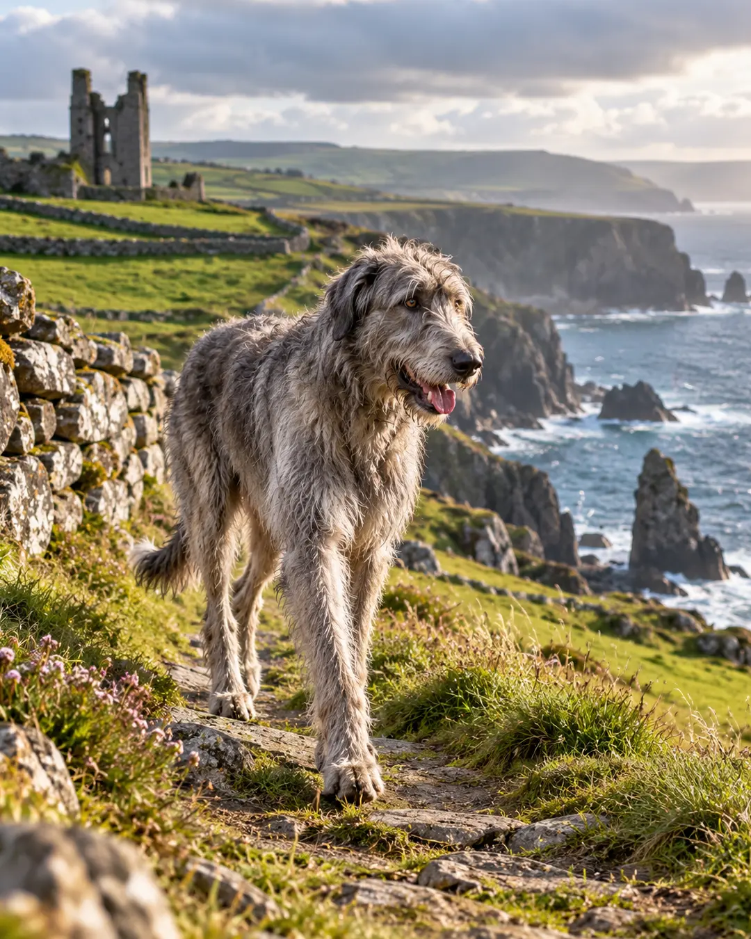 An Irish Wolfhound walks along Ireland’s rugged Atlantic coast, surrounded by green fields, stone walls, dramatic cliffs and ancient ruins.