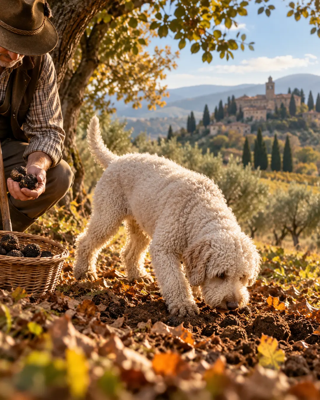 A Lagotto Romagnolo searches for truffles in the Italian countryside as a truffle hunter watches, with a hilltop village in the distance.