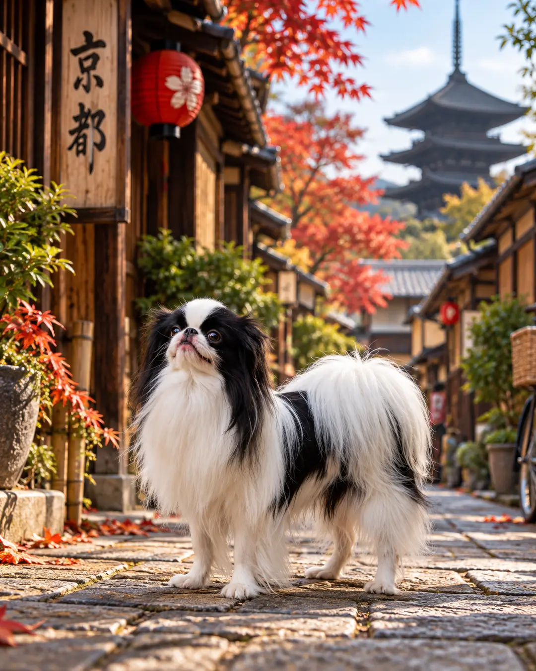 A Japanese Chin stands on a traditional Kyoto street surrounded by autumn maples, wooden homes, lanterns and a historic pagoda.