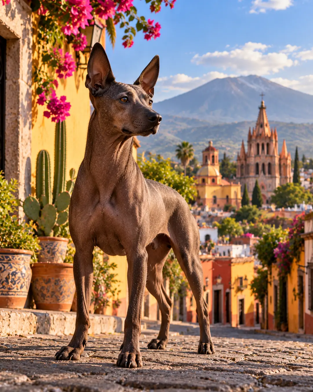 A Xoloitzcuintli stands on a colourful Mexican street, framed by bougainvillea, historic architecture and mountains in warm sunlight.
