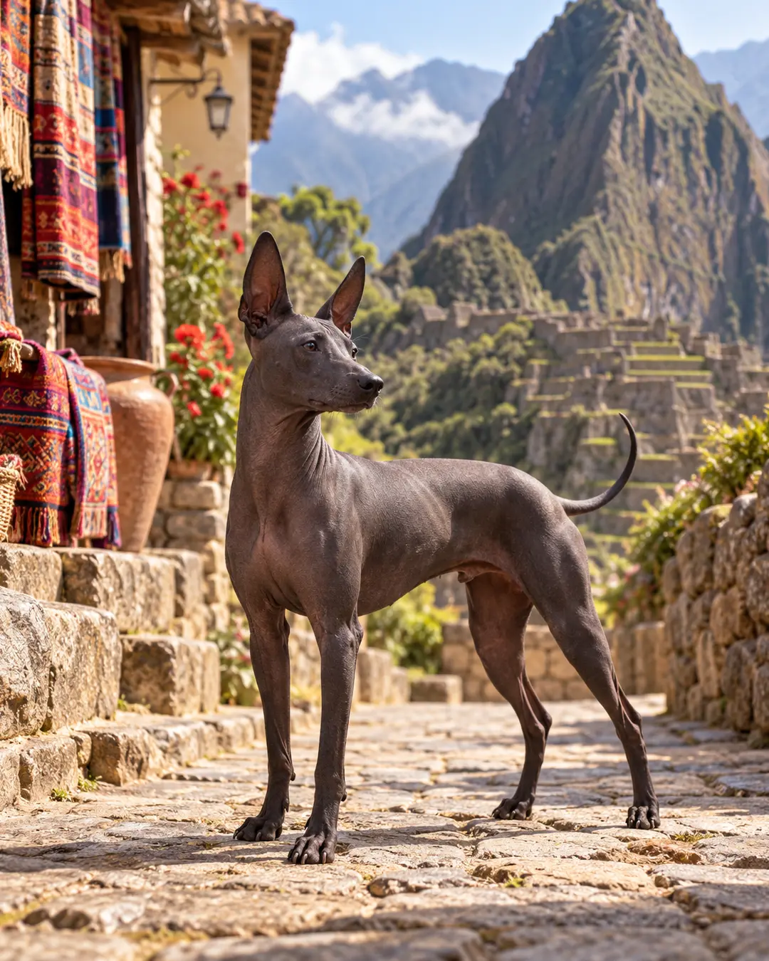 A Peruvian Hairless Dog stands near Machu Picchu, surrounded by colourful Andean textiles, stone pathways and dramatic mountain scenery.