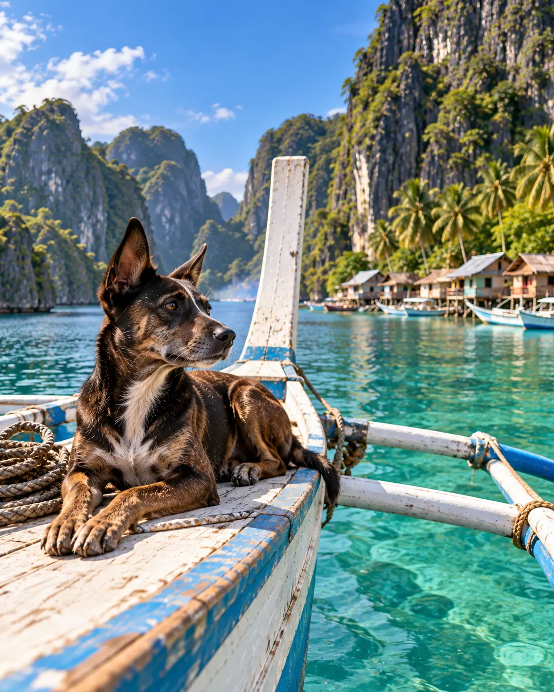 A native Philippine dog relaxes on a traditional boat surrounded by turquoise water, tropical cliffs, palms and a small coastal village.
