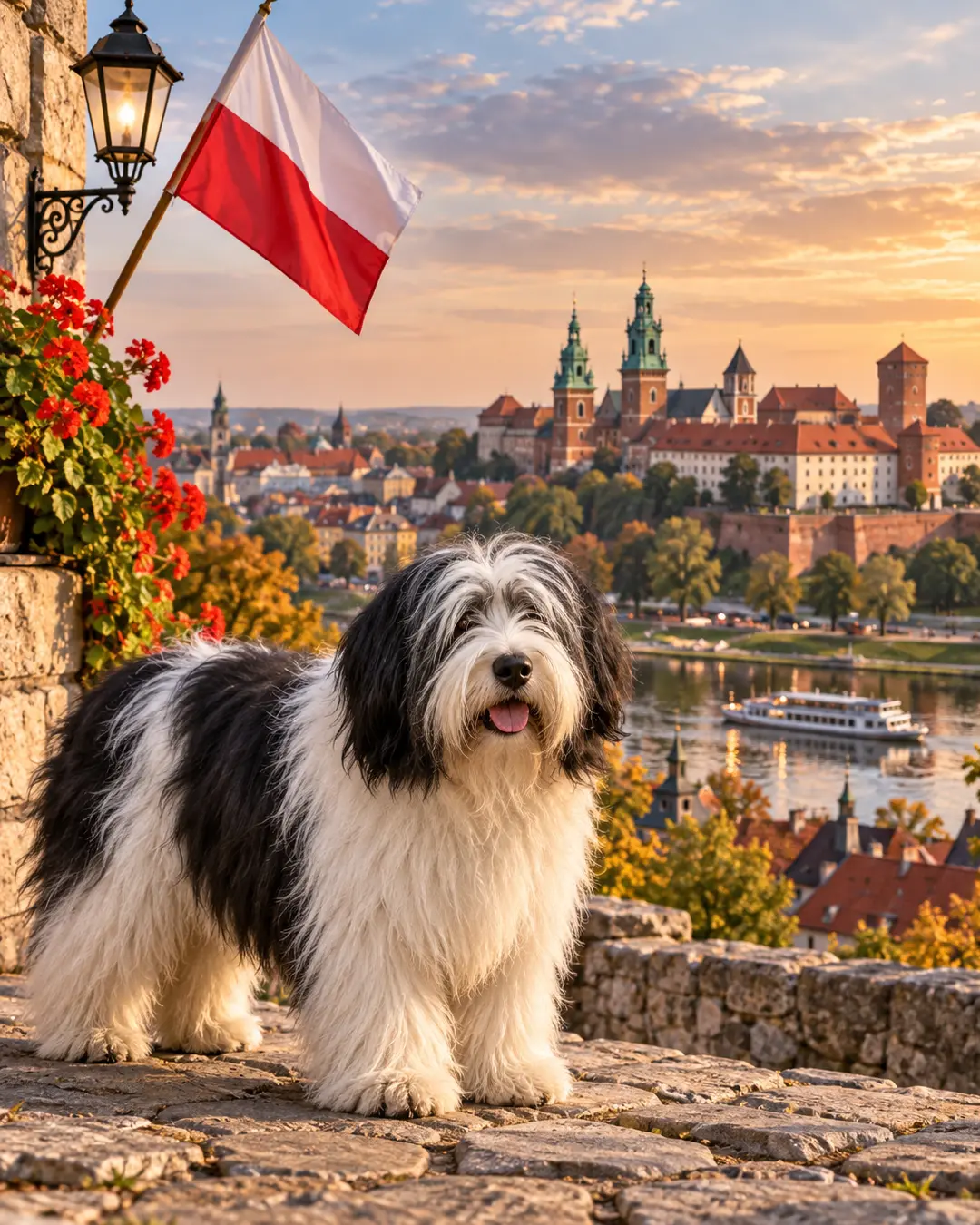 A Polish Lowland Sheepdog stands beneath the Polish flag overlooking Kraków’s historic Wawel Castle and the Vistula River at sunset.