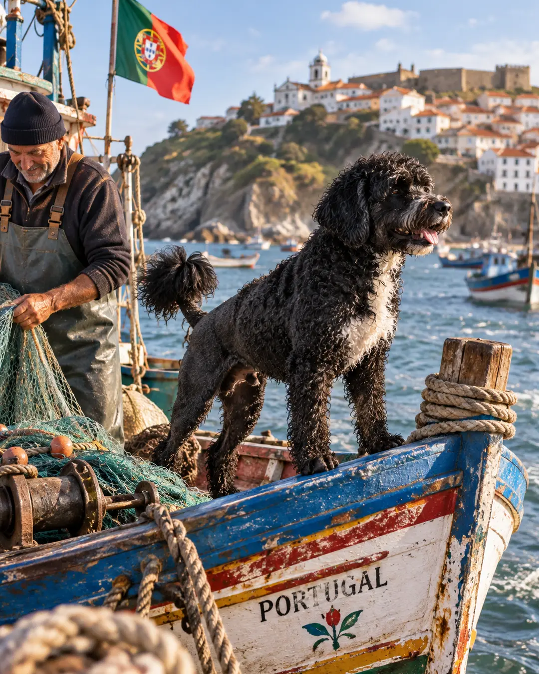 A Portuguese Water Dog stands aboard a working fishing boat beside a fisherman, with a coastal Portuguese village and flag behind them.