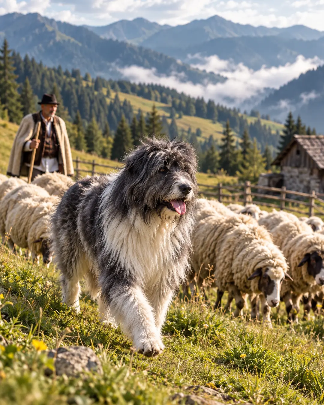A Romanian Mioritic Shepherd Dog guards sheep in the Carpathian Mountains, accompanied by a shepherd amid green alpine pastures.