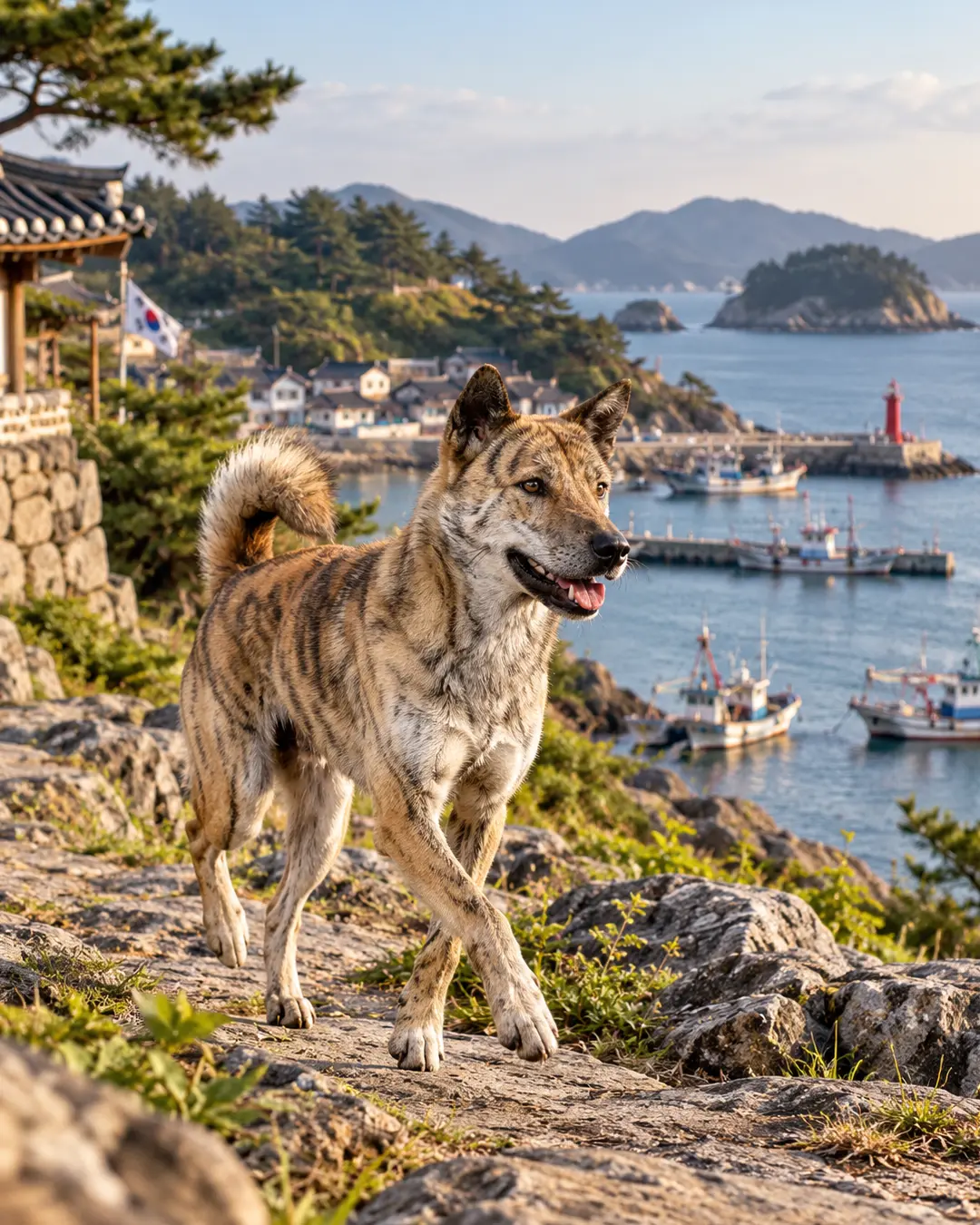 A Korean Jindo walks above a traditional coastal village, with fishing boats, rocky islands and the South Korean flag in the background.