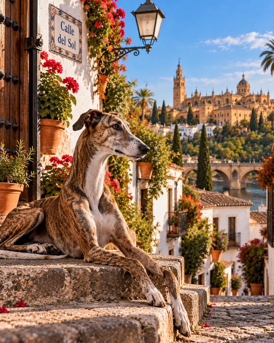 A slender Spanish hunting dog rests on a sunlit street lined with flowers, with historic architecture and a grand cathedral in the distance.