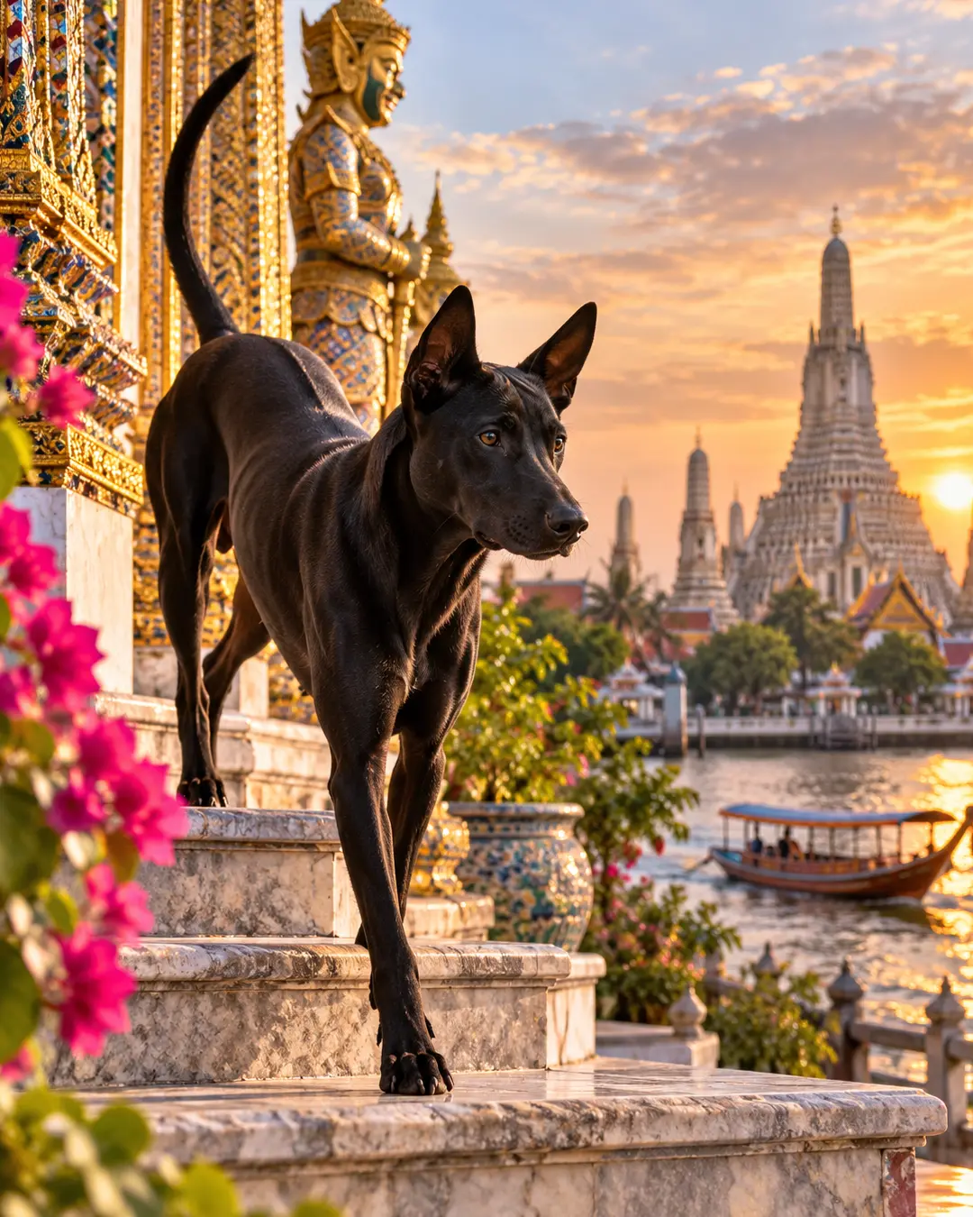 A Thai Ridgeback relaxes beside Bangkok’s Chao Phraya River at sunset, framed by ornate temples, tropical flowers and a passing boat.