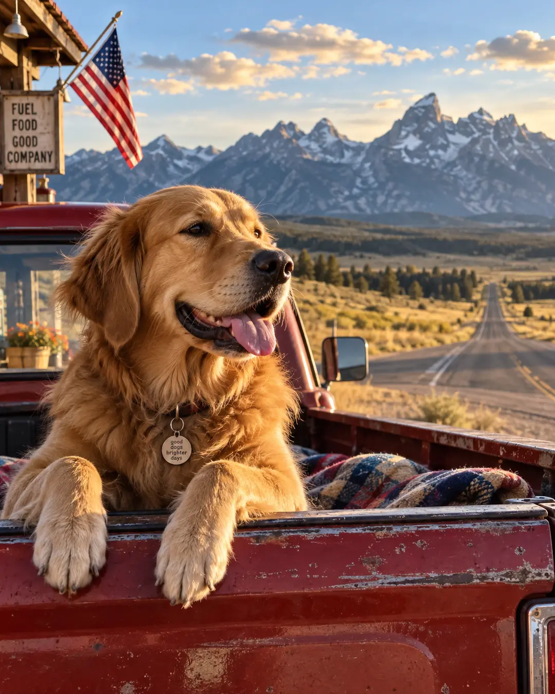 A Golden Retriever relaxes in a vintage red pickup, with an American flag, open road and dramatic mountain landscape behind him.
