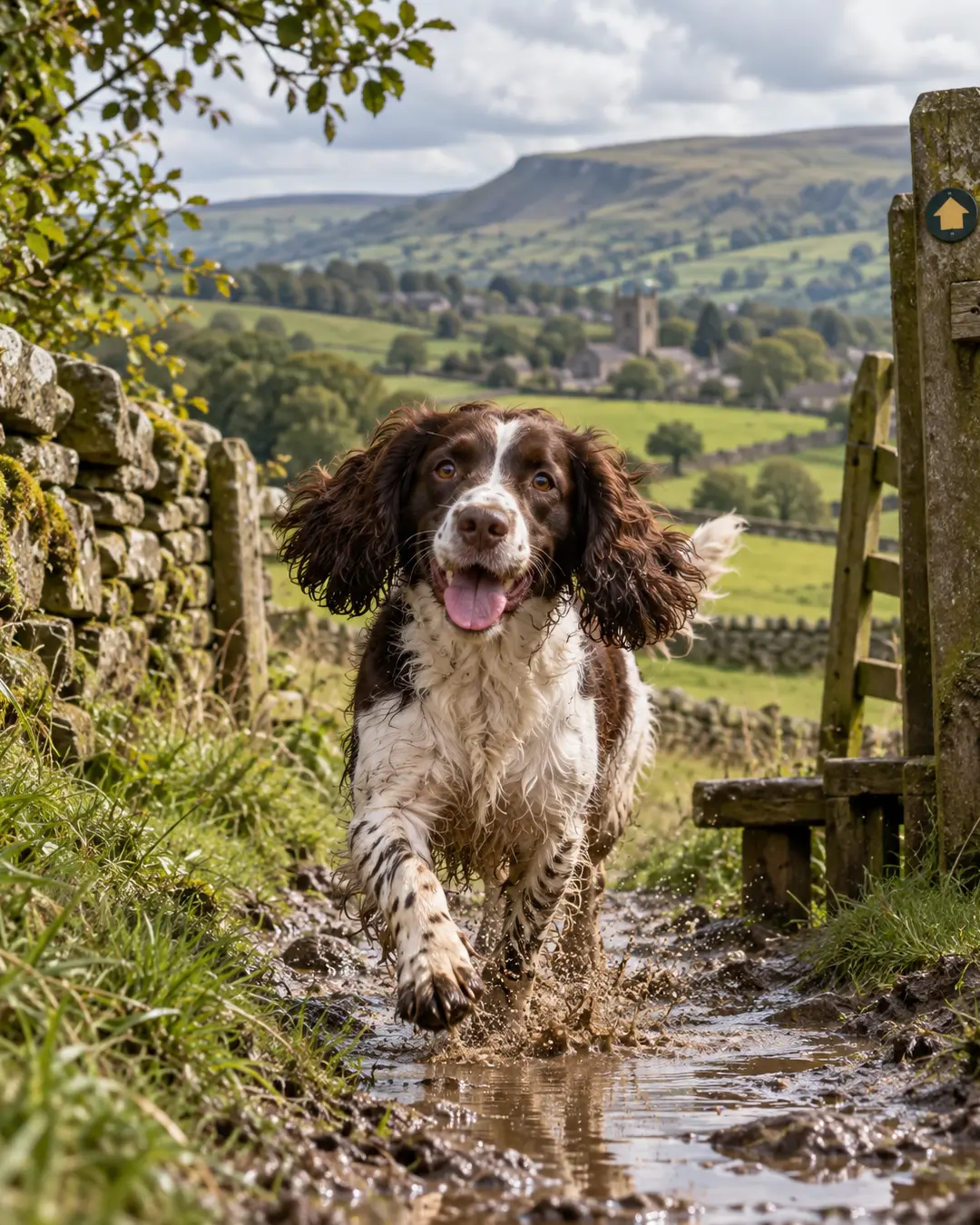 An English Springer Spaniel bounds through a muddy countryside trail, surrounded by stone walls and the rolling green hills of rural England.
